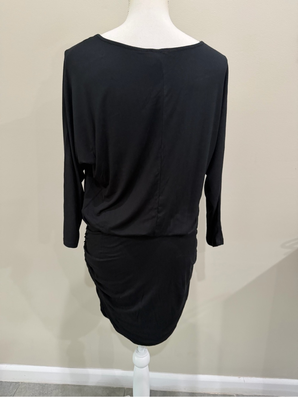 Venus Mini Dress Women Sz M Black Blouson Top Ruched Bottom 3/4 Sleeve Stretchy
